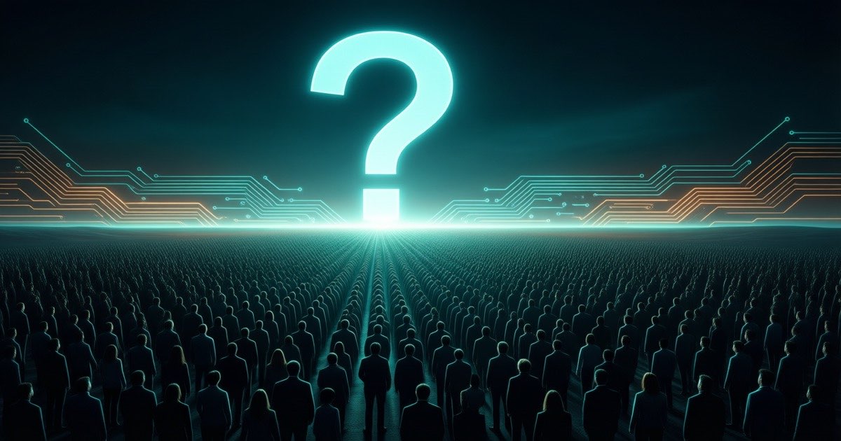 A large crowd of small human silhouettes facing a giant glowing question mark above a dark circuit-board horizon, moody teal and amber editorial illustration