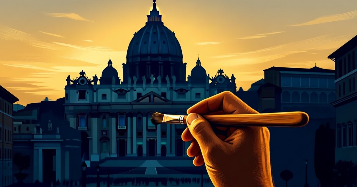 St Peter's Basilica silhouette at golden dusk with a human hand holding a paintbrush in the foreground, warm light against deep blue sky, editorial illustration, no text