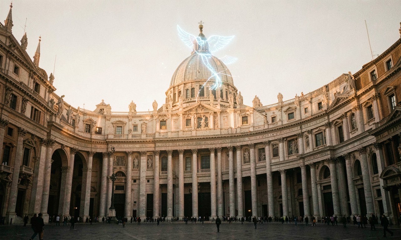 St. Peter's Basilica at dusk with digital light patterns projected on its facade, symbolizing the intersection of faith and technology