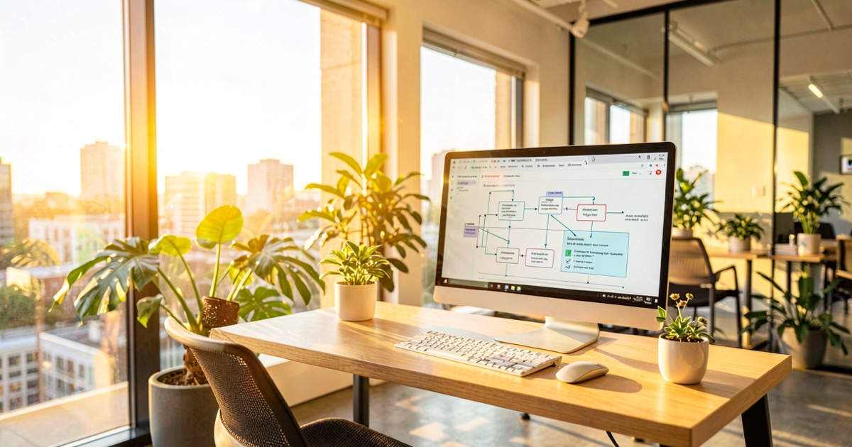 A bright sunlit modern startup office with warm golden morning light streaming through floor-to-ceiling windows, a sleek desk with a computer screen showing automated workflow diagrams