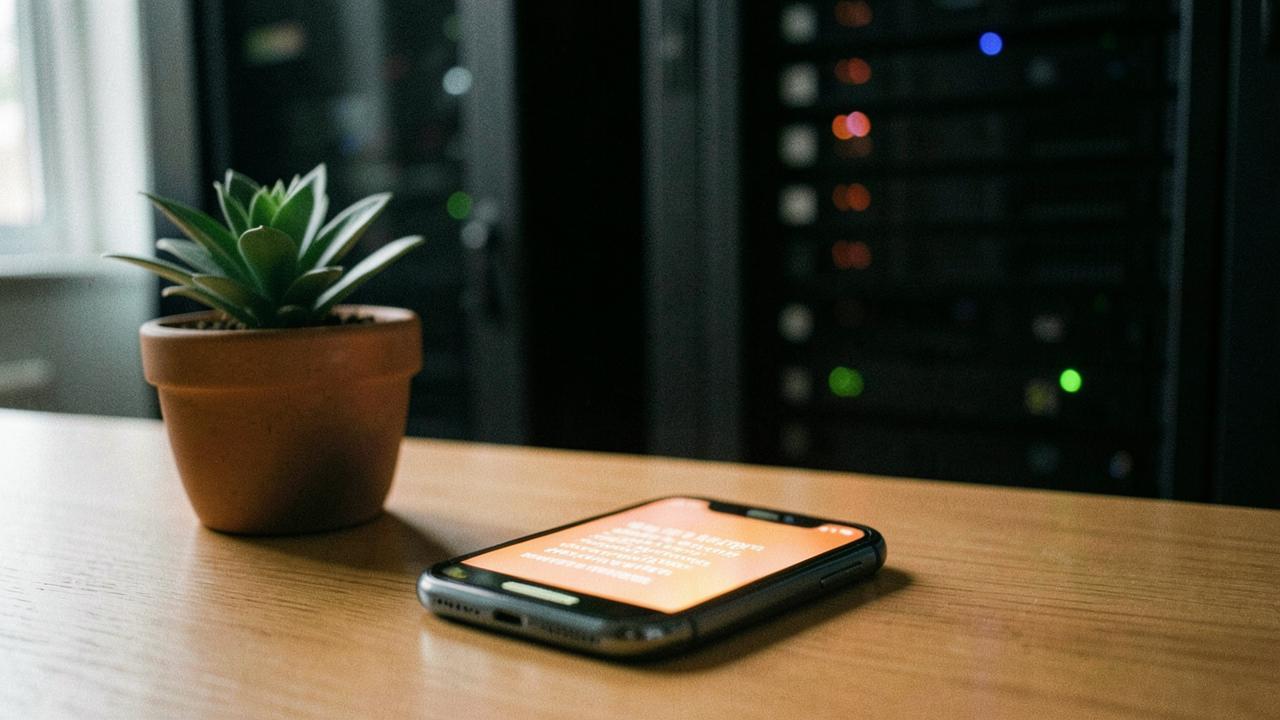 A smartphone displaying AI text generation alongside a server rack fading into shadow, representing the shift from cloud to edge AI