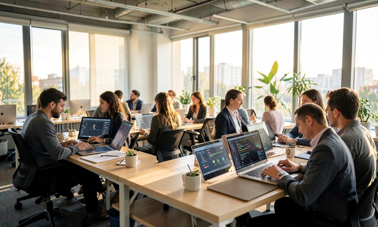 Corporate office workers collaborating at desks with AI interfaces