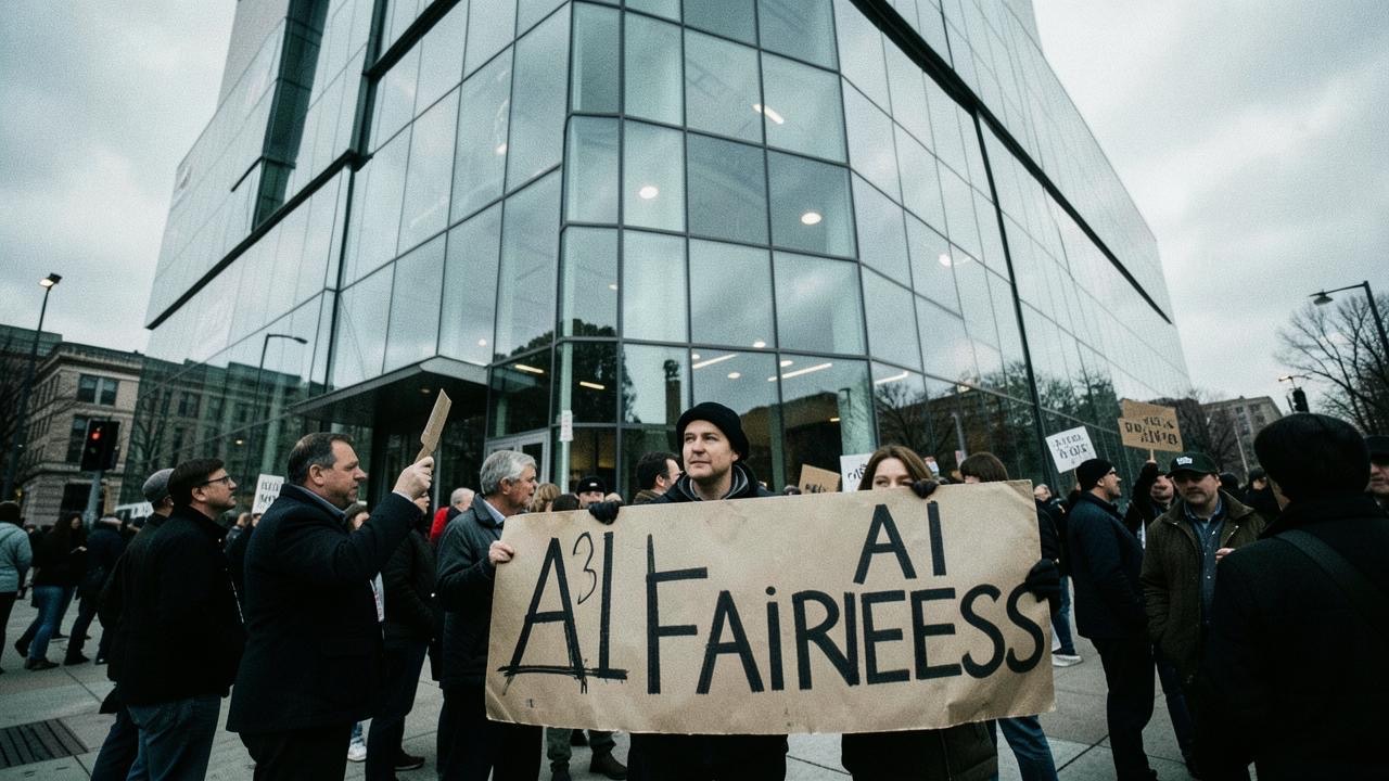 Journalists holding picket signs outside a newsroom building, overcast sky, documentary style