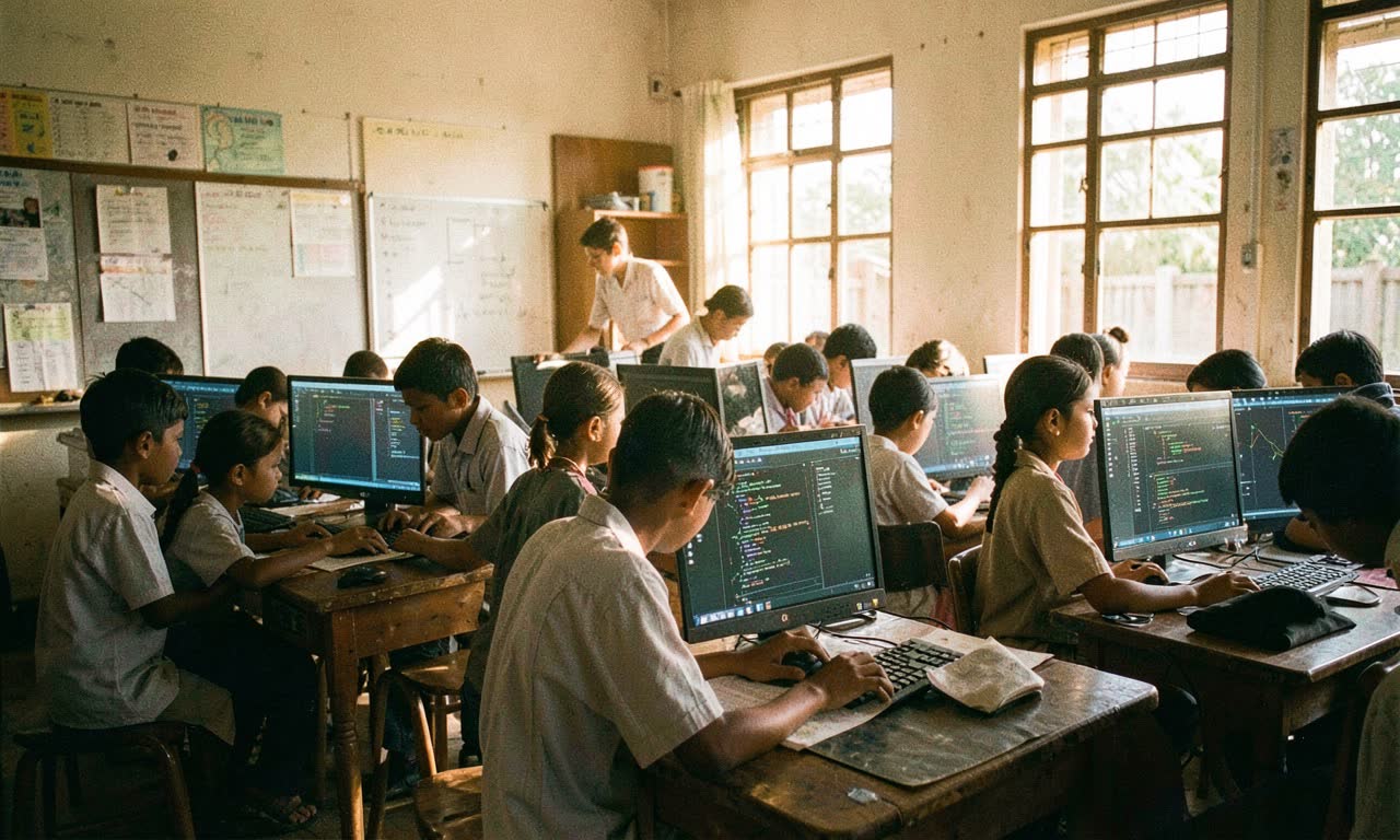 Indian school classroom with students learning on computers, warm afternoon light