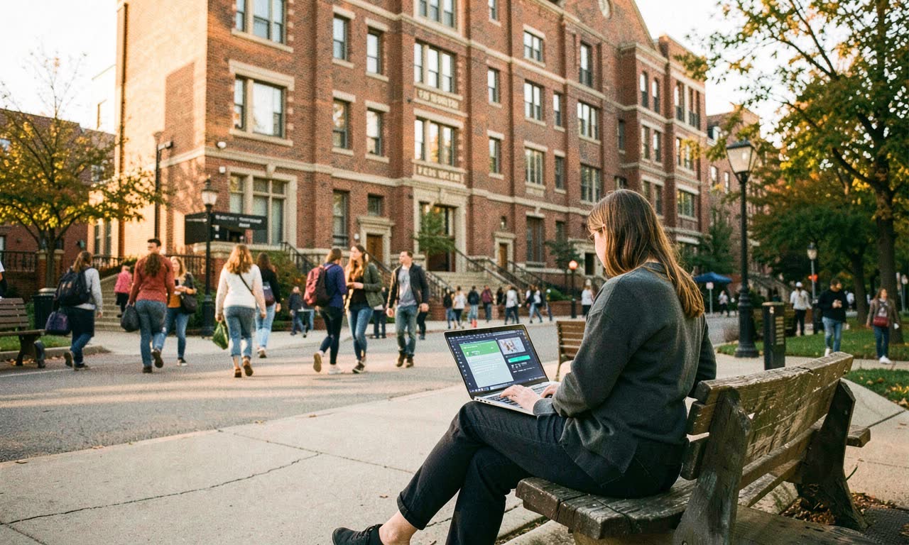 University campus building with students walking, warm afternoon light, one student using a laptop with AI interface visible