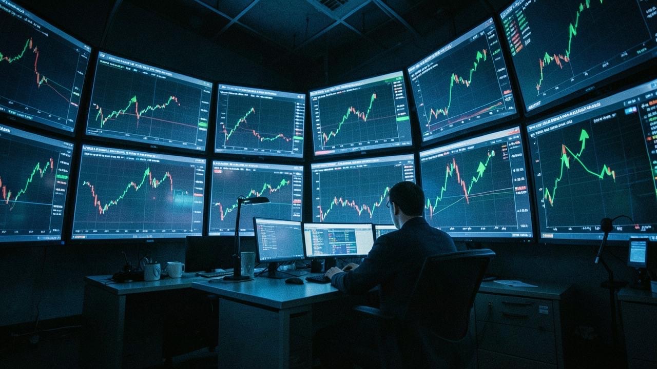 A Wall Street trading floor with screens showing rising AI stock charts and a single trader watching, cold blue lighting, cinematic