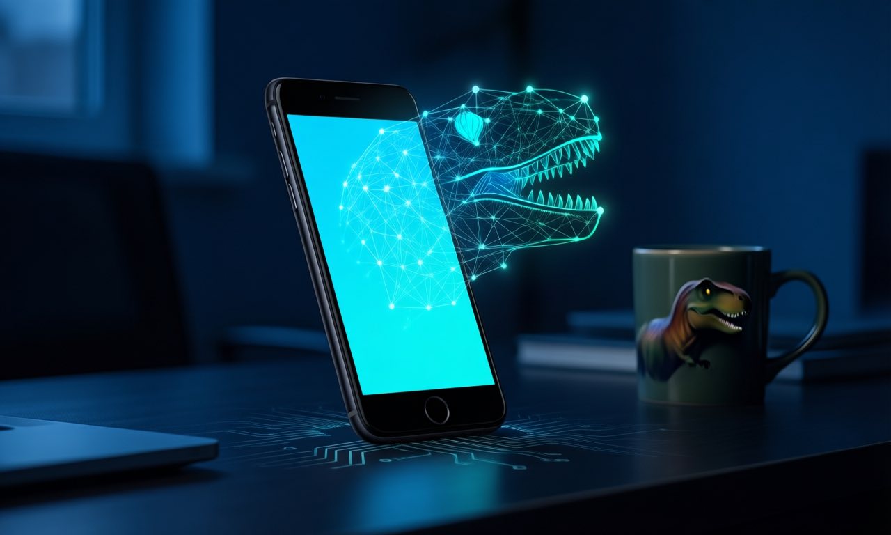 A smartphone on a desk at night with a glowing neural-network lattice graphic hovering above its screen, suggesting an AI model running continuously on device