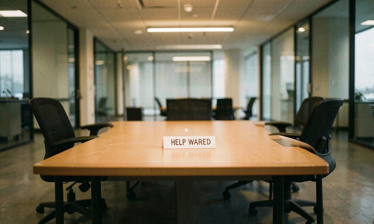 Empty desk in a modern office lobby with a help wanted sign face-down, muted lighting, documentary style