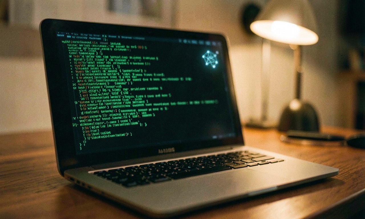 A laptop screen showing code with a small efficient model icon, warm ambient lighting, photojournalistic style