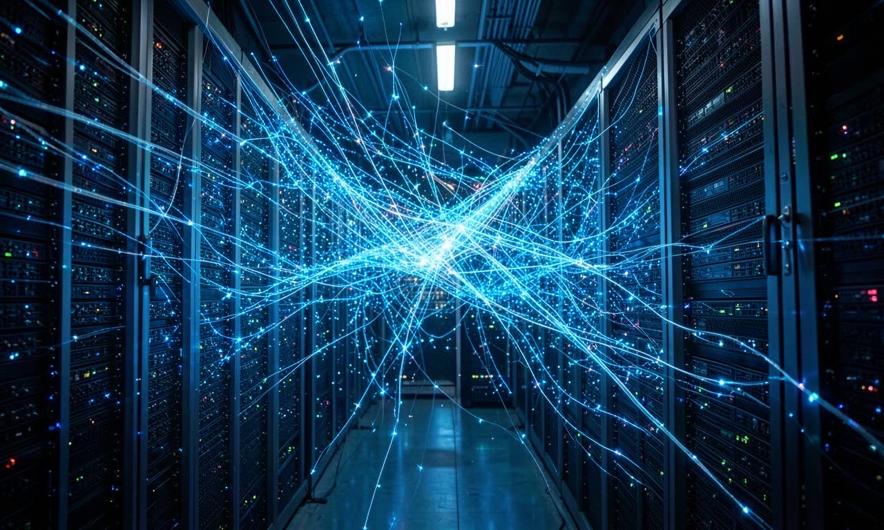 Abstract visualization of massive data flow representing 1.4 trillion tokens processed, with Alibaba Qwen branding elements