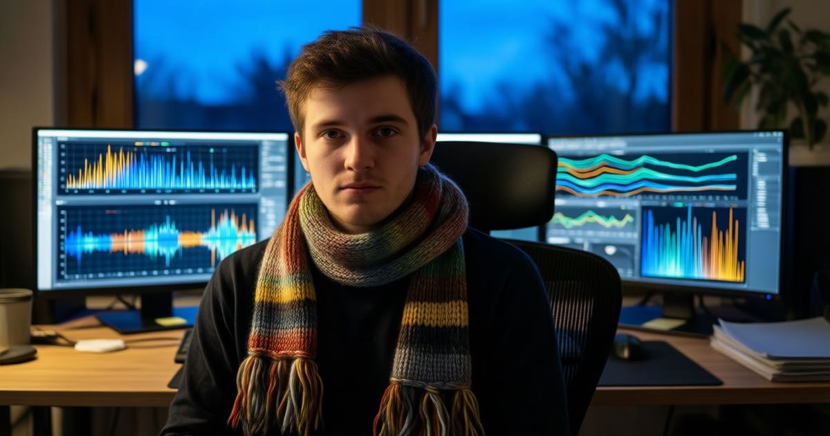 A young engineer in a knitted scarf at a home office desk with monitors showing abstract inference speed graphs, blue evening screen glow, documentary photography