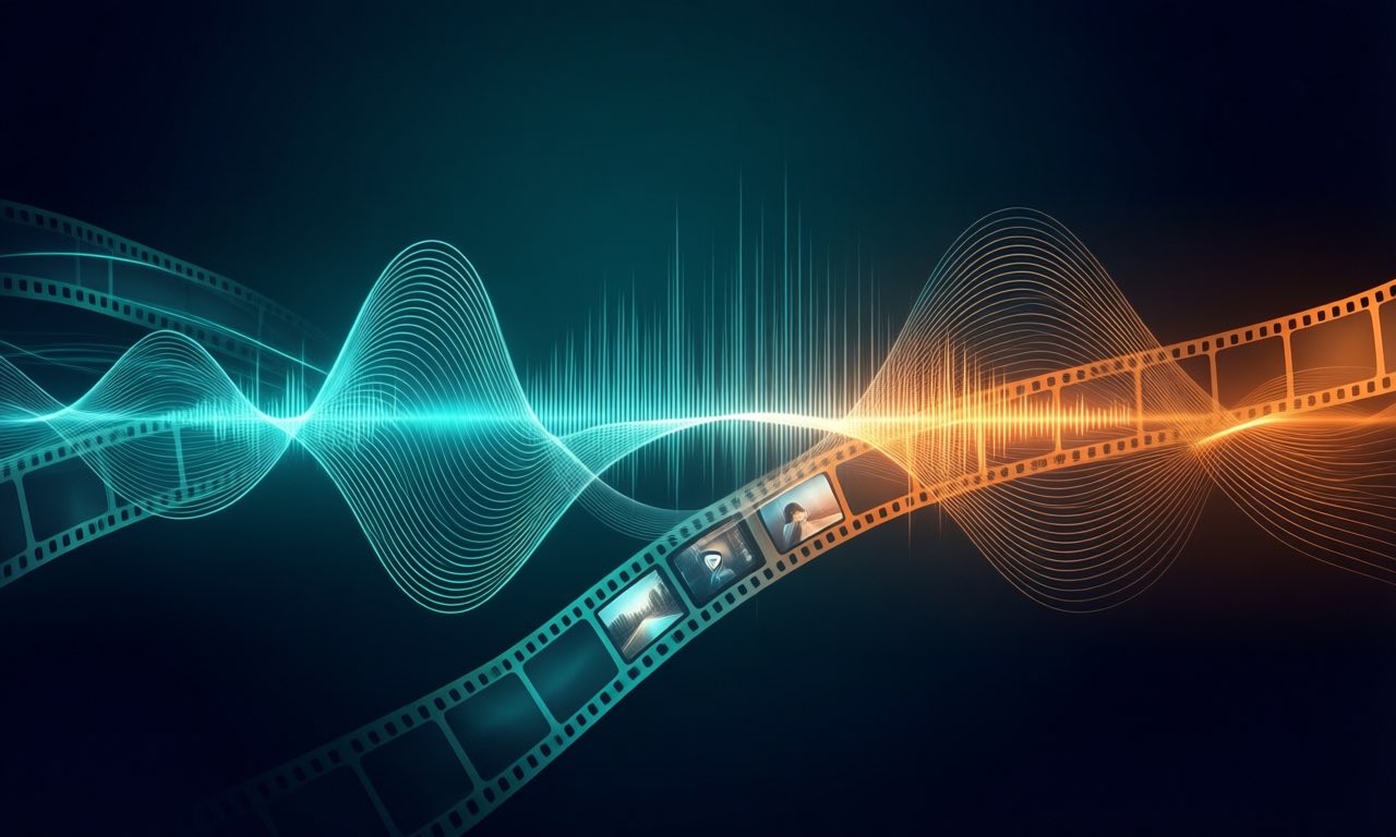 Abstract visualization of a multimodal AI processing audio waves and video frames, teal and orange light streams on a dark background.