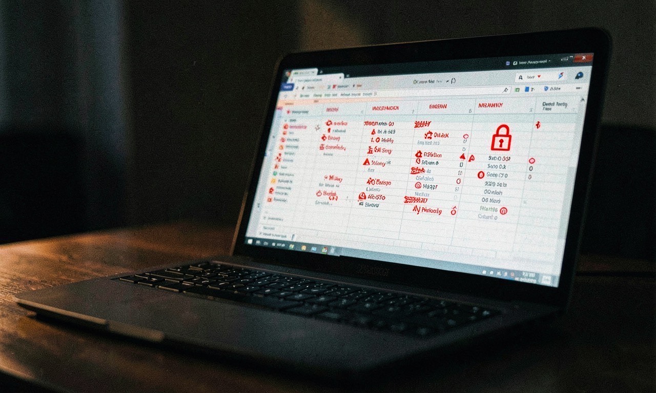 Spreadsheet on a laptop screen with red warning indicators and a lock icon, dramatic lighting