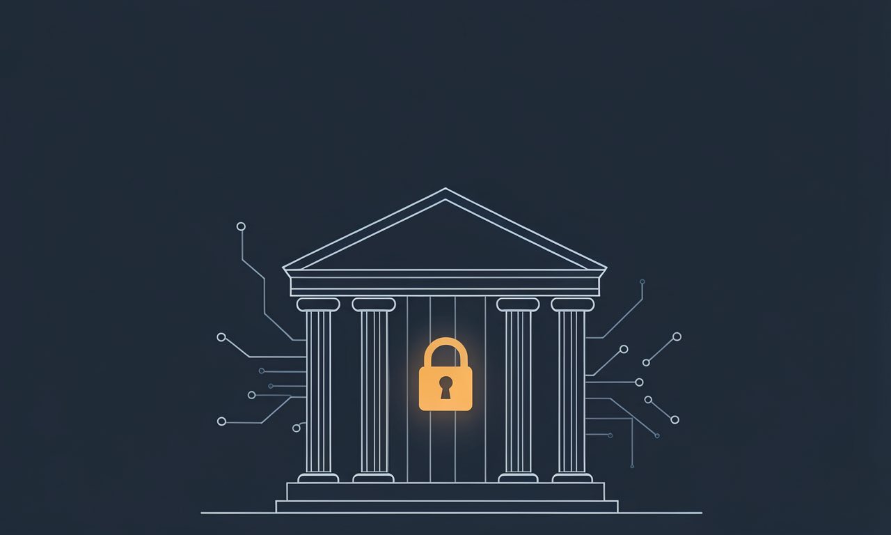 Minimalist editorial illustration of a classical bank building drawn in thin blueprint lines with a glowing amber padlock on its facade and circuit lines branching behind it