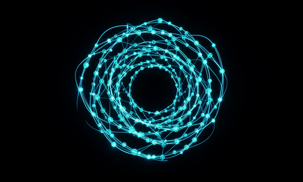 A glowing recursive spiral of neural network nodes feeding back into themselves, symbolizing self-improving AI, dark background with cyan light trails