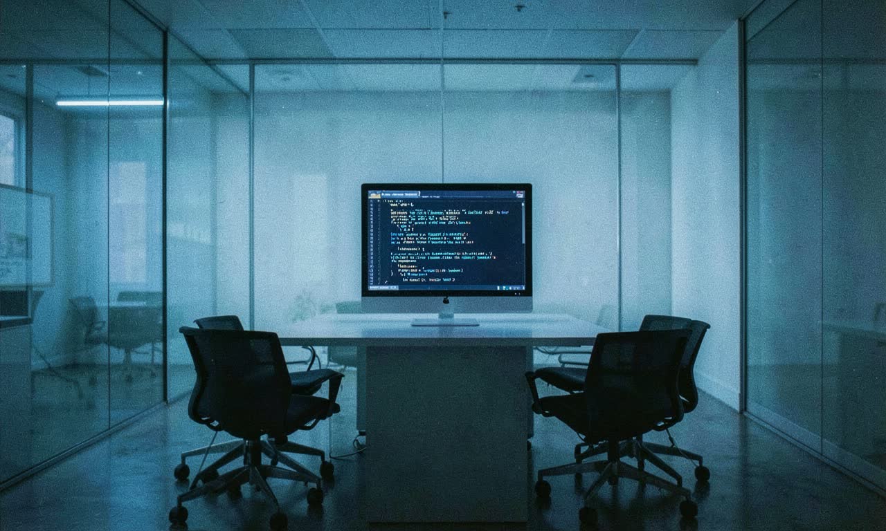A minimalist office with a glowing terminal displaying recursive code, empty chairs around it, cold blue lighting, cinematic