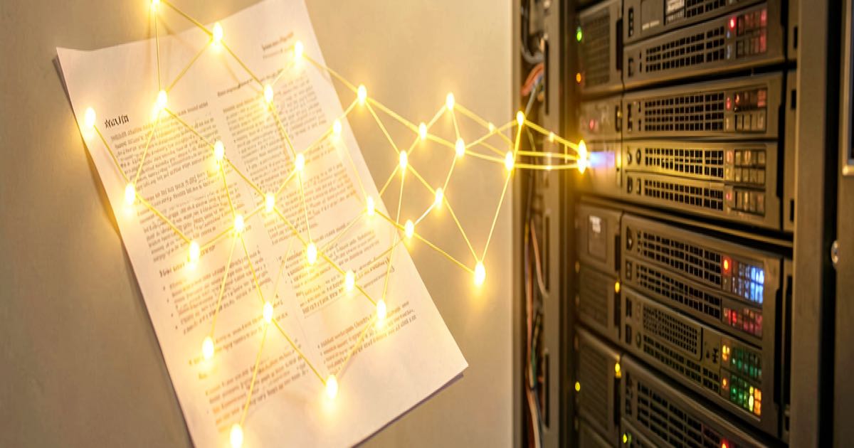 A network of interconnected nodes bridging a policy document to a server rack, symbolising governance translated into infrastructure