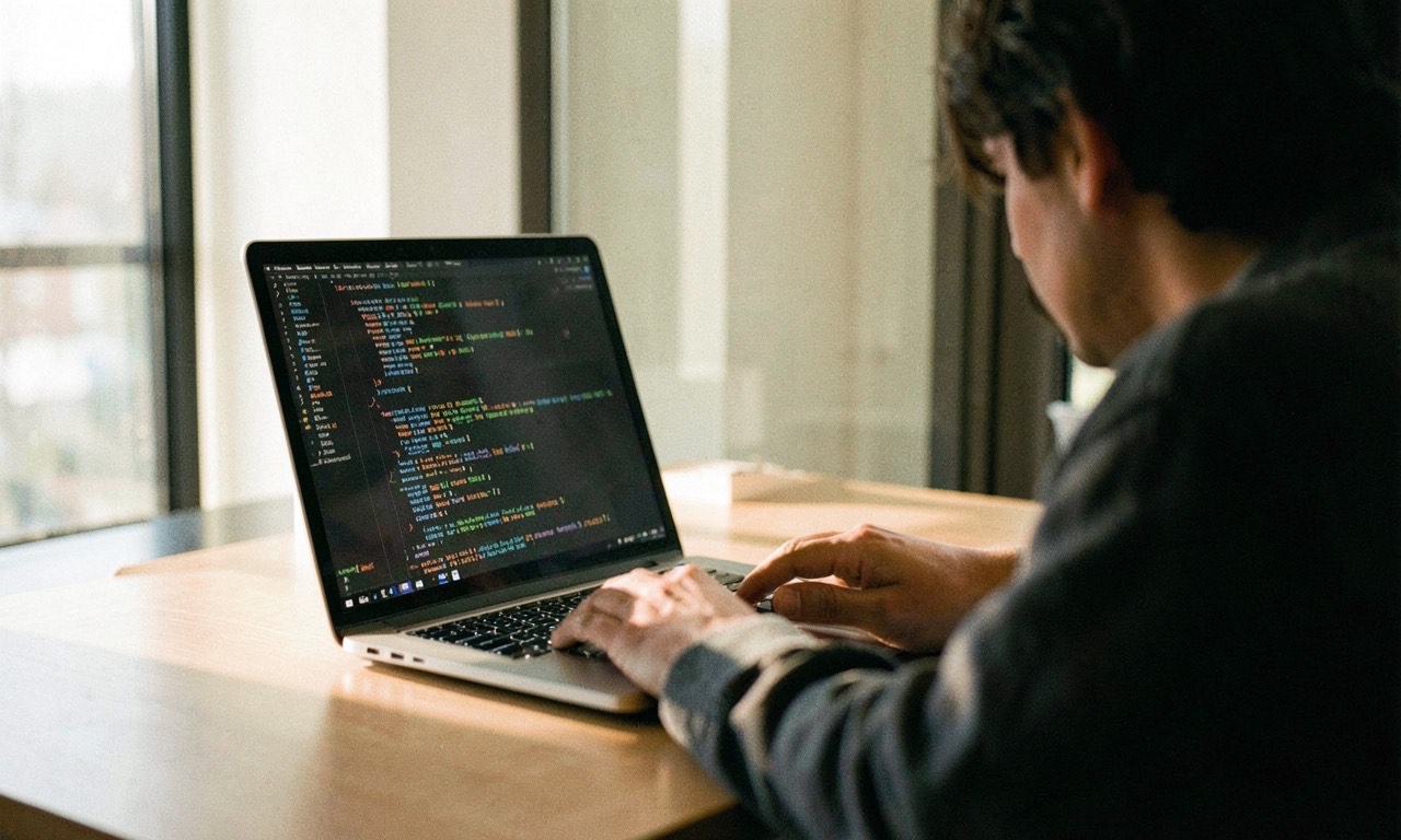 A single developer working on a laptop in a modern office, warm natural light, documentary photography style