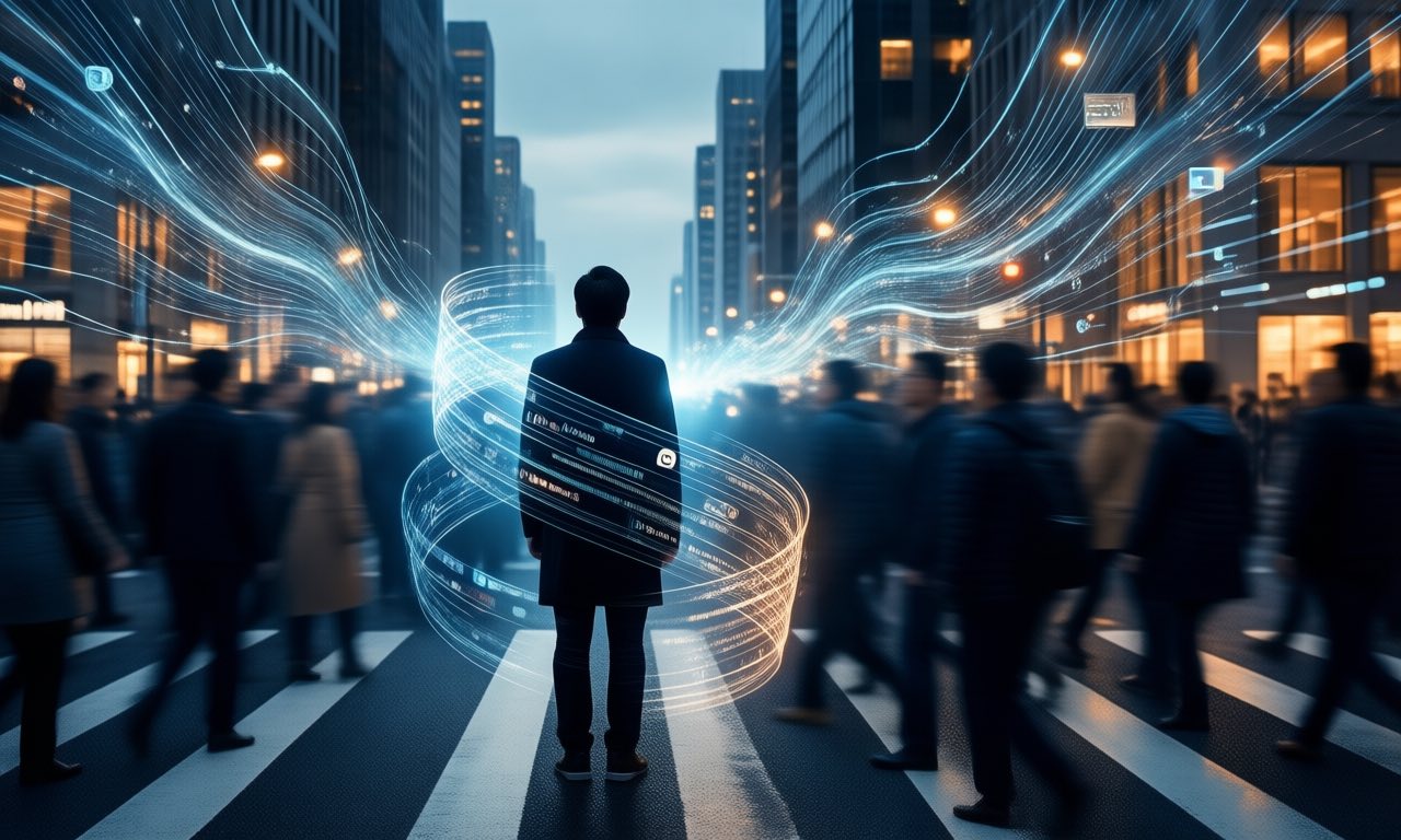 A lone person at a city crosswalk at dusk as translucent data streams and social-media ribbons flow past, illustrating the debate over AI and human agency.