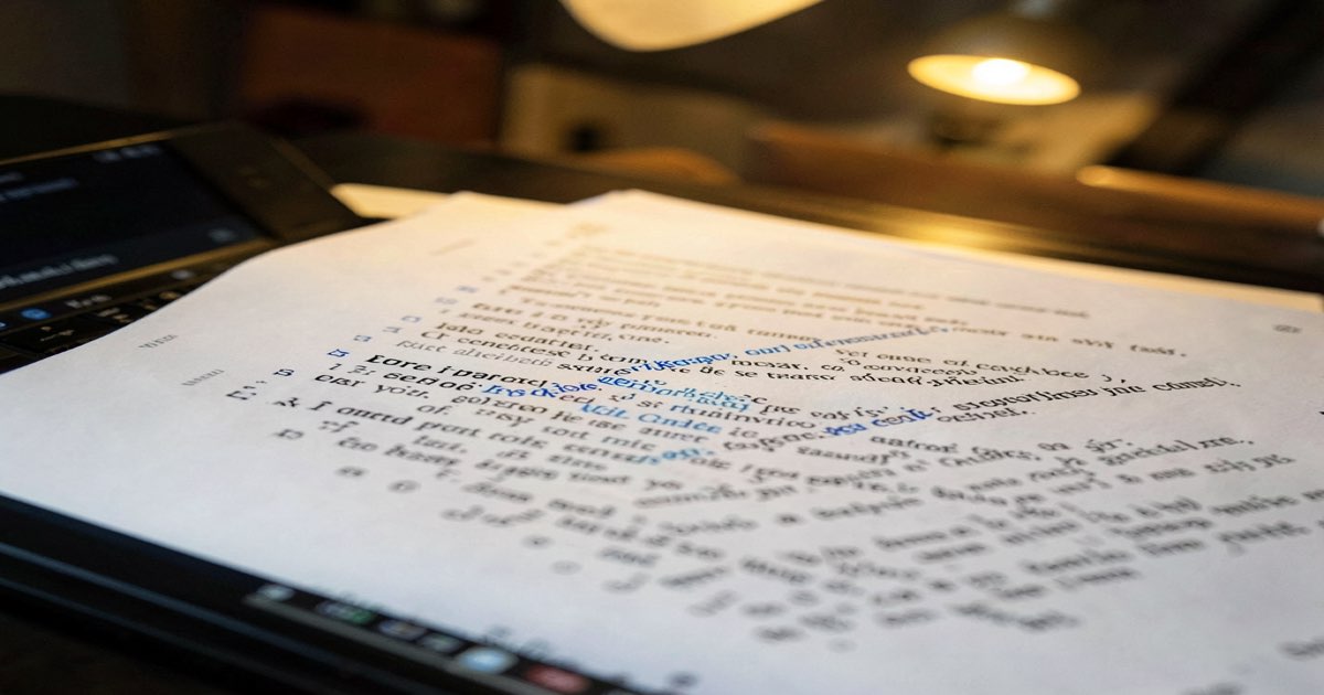 A close-up of a resume document on a laptop screen with tiny invisible text highlighted in blue selection, revealing hidden white-font instructions beneath the visible content, warm desk lamp lighting, documentary photography style