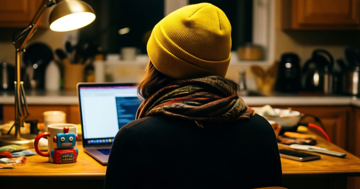 A woman in a bright beanie sorting through job listings on a laptop at a warm kitchen-table workspace, natural light, documentary style