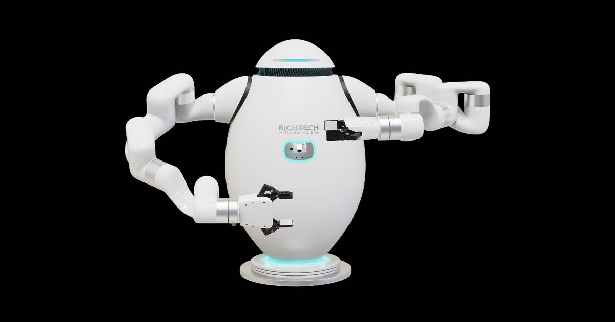 Richtech Robotics' DEX robot, a white wheeled dual-arm robot with silver manipulators and a rounded body bearing the Richtech Robotics logo, photographed against a black background