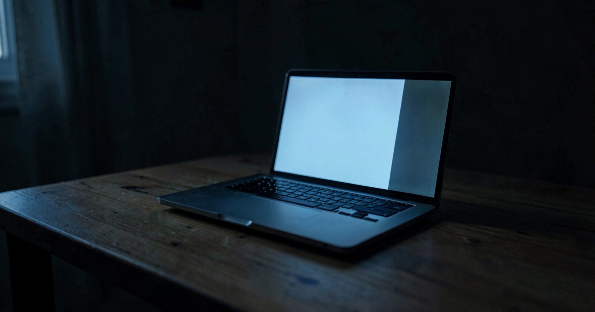 A single laptop on a wooden desk in a dark room, its screen casting soft blue light, no logos or text visible