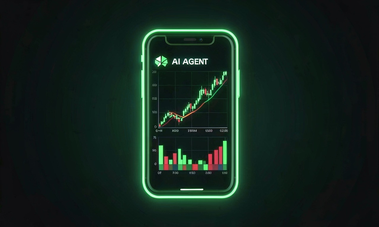 A smartphone showing stock charts with a glowing AI agent icon overlaid, neon green accents on dark background, cinematic