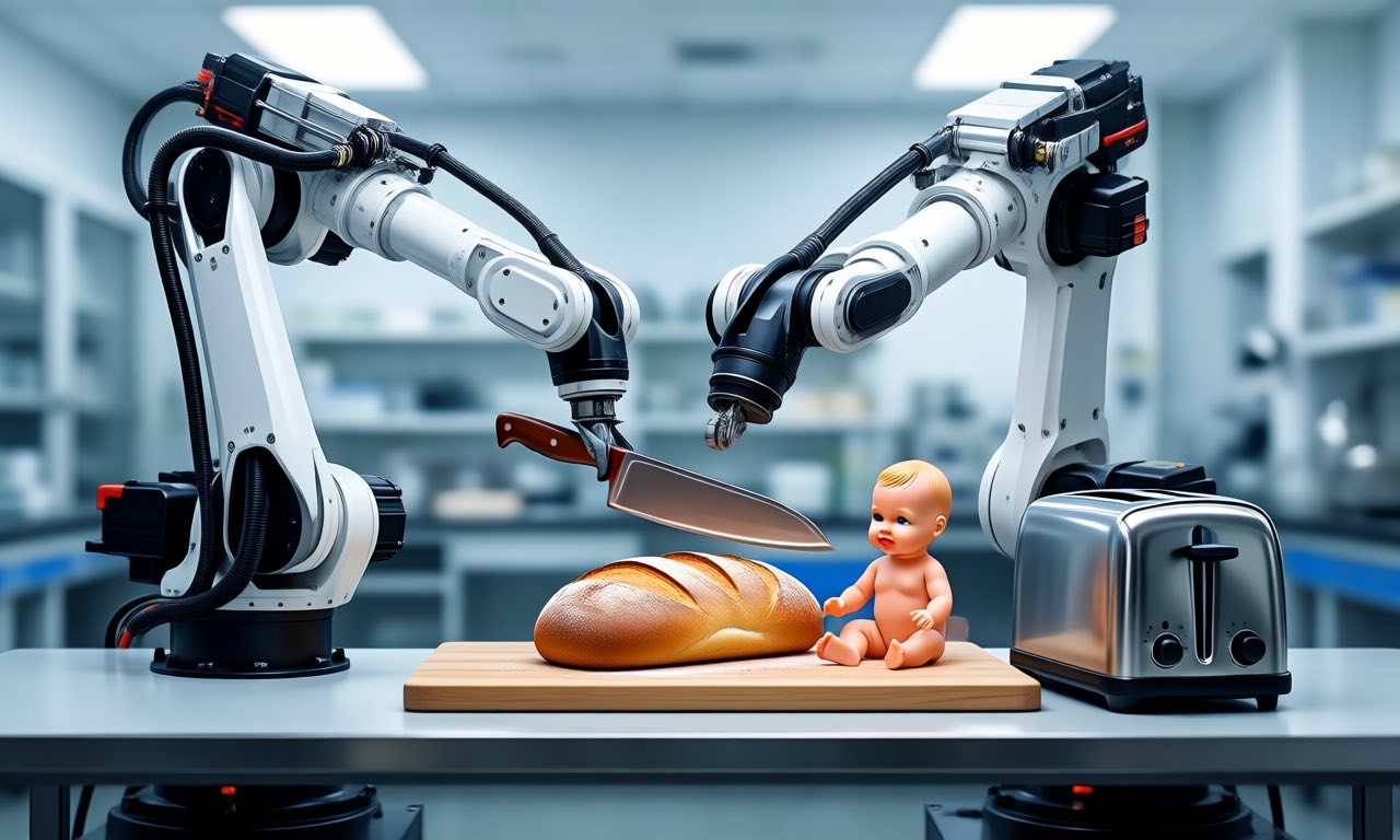 Two white industrial robot arms on a lab bench, one holding a kitchen knife near a bread loaf and a plastic doll, the other beside a metal toaster.