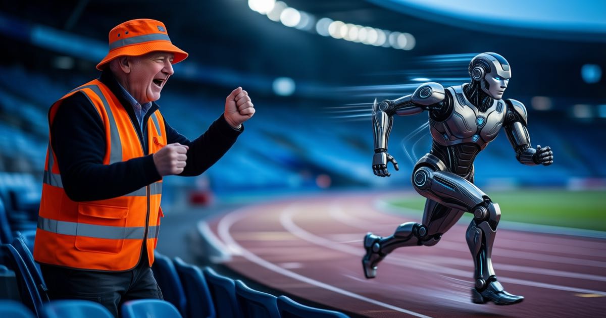 A humanoid robot sprinting on an athletics track while a spectator in a bright beanie watches from the stands