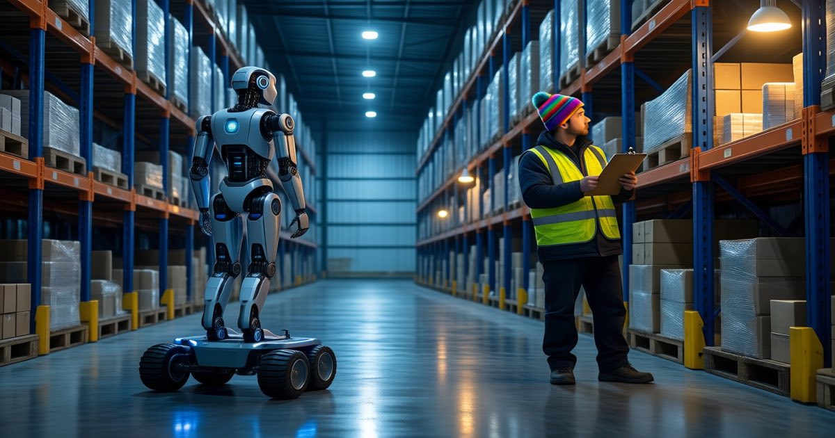 A humanoid robot and a worker in a high-visibility vest stand at the same warehouse rack under industrial lighting, both facing the shelves.