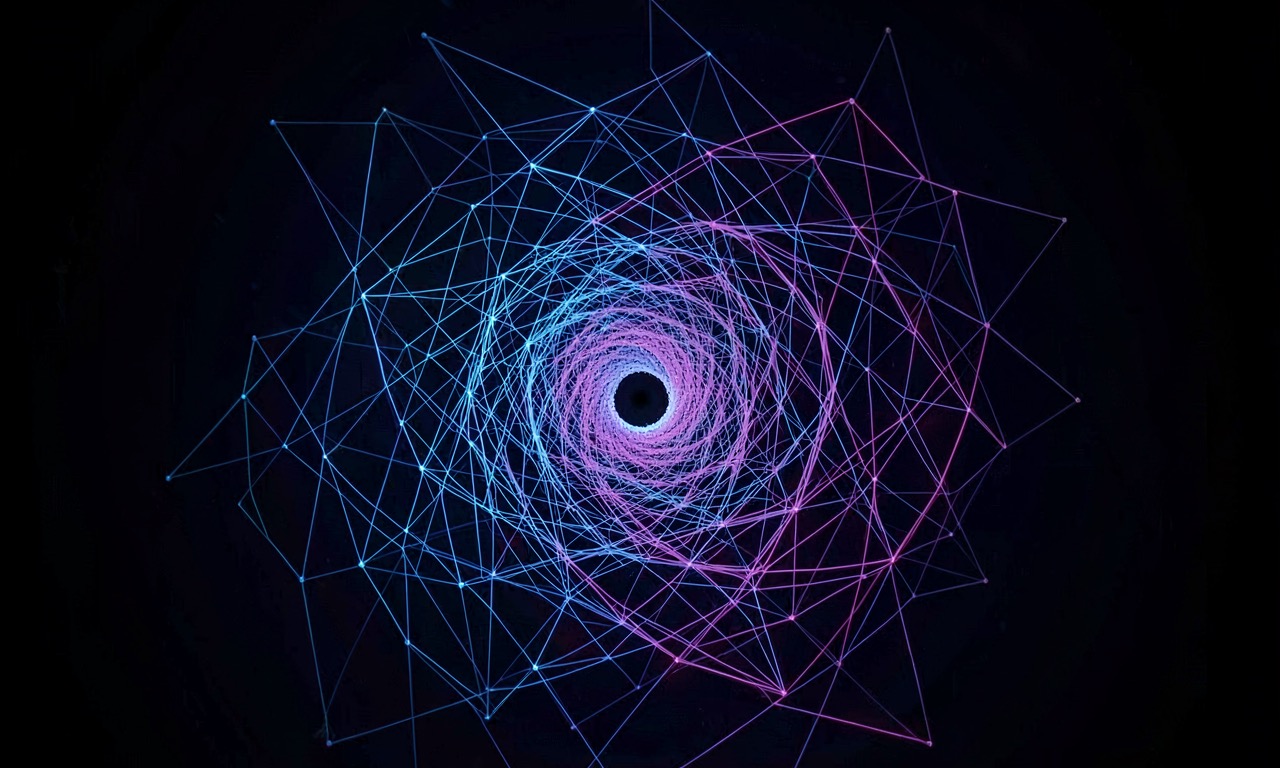 A recursive spiral of code feeding back into itself, glowing cyan nodes on a dark background, symbolizing self-improving AI systems