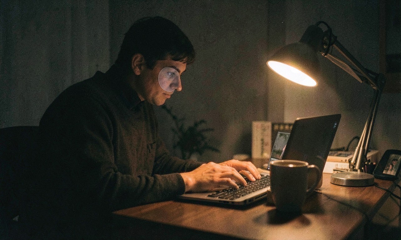 Person working on laptop in dark room with privacy sticker over webcam, warm desk lamp, documentary style