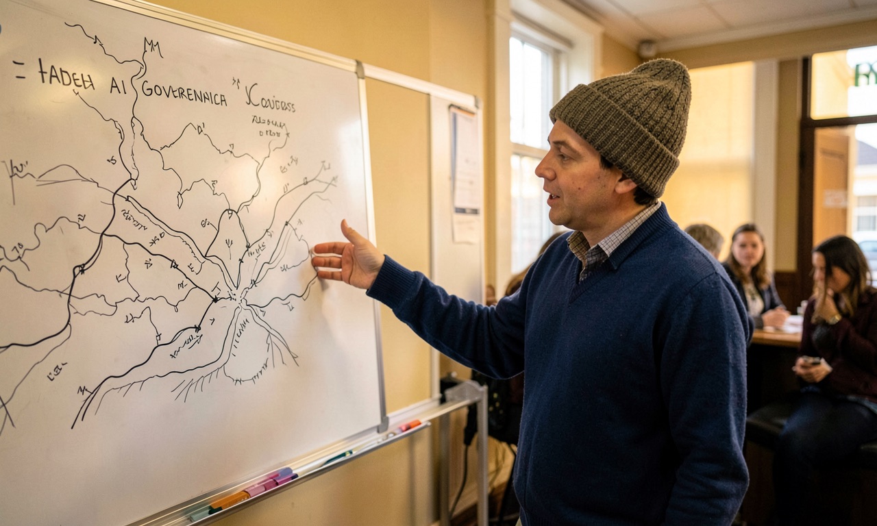 A researcher in a blue jumper with a woollen beanie gestures at a river rapids diagram on a whiteboard during an AI governance seminar