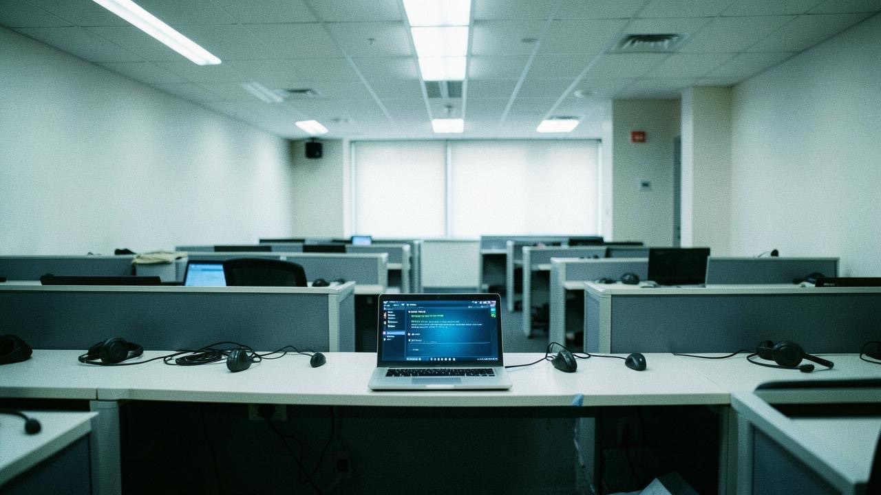 Empty customer service headsets on desks with laptop screens showing AI chat interface, cold office lighting