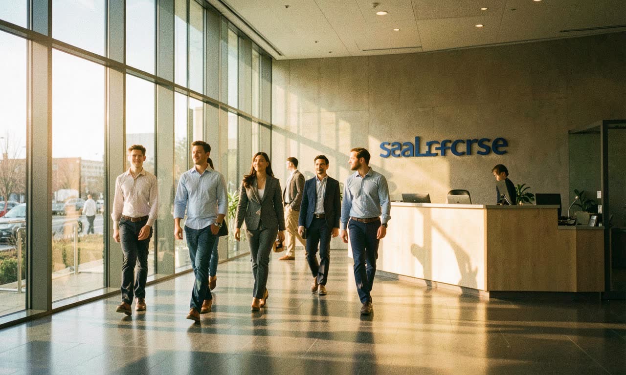 Modern office lobby with Salesforce branding and young professionals, warm morning light, documentary style photography