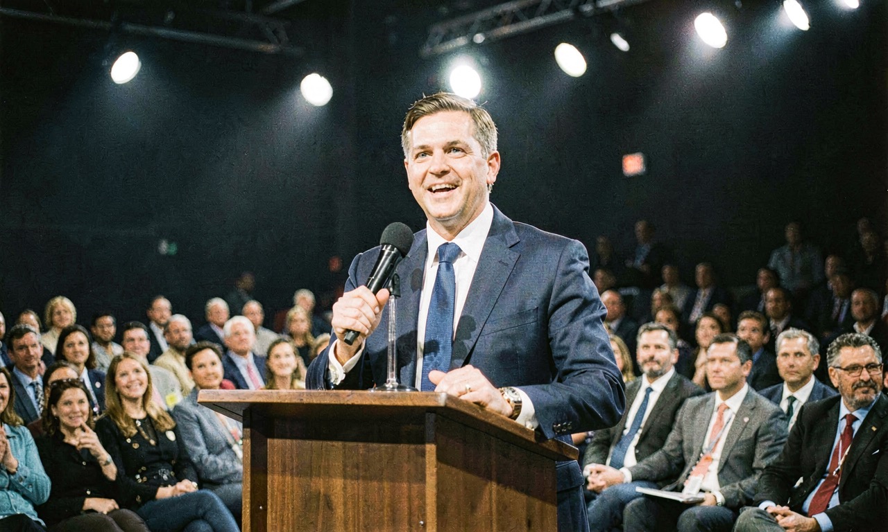 A conference stage with a single microphone and an empty podium, dramatic side lighting, corporate auditorium atmosphere, documentary style