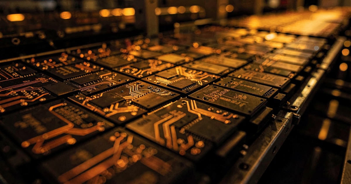 Rows of semiconductor memory chips on a production line, illuminated by amber factory lighting.