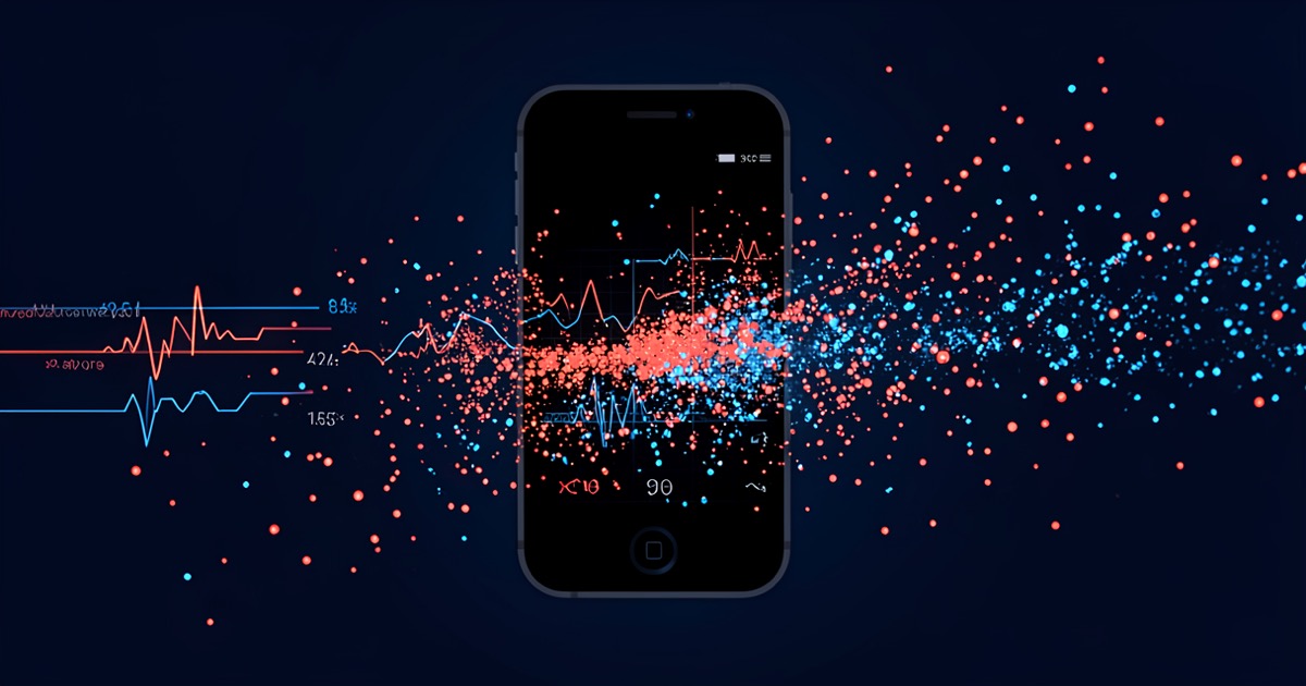 Abstract digital composition of a smartphone silhouette dissolving into biometric data particles against a dark background, suggesting private health data being consumed by AI