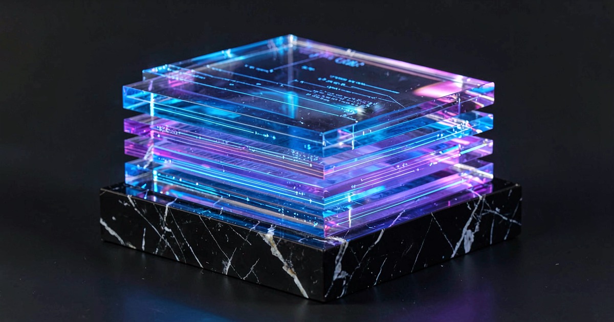 Abstract composition of stacked translucent crystalline layers glowing with electric blue and violet light, thin data streams visible within, on a dark polished surface