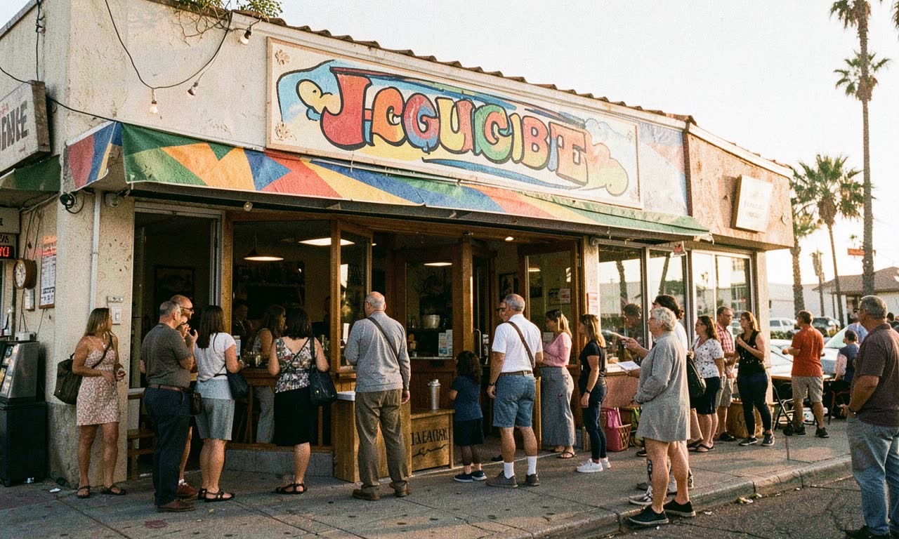 A restaurant storefront with a colourful logo being taken down, customers watching, warm afternoon light, documentary style
