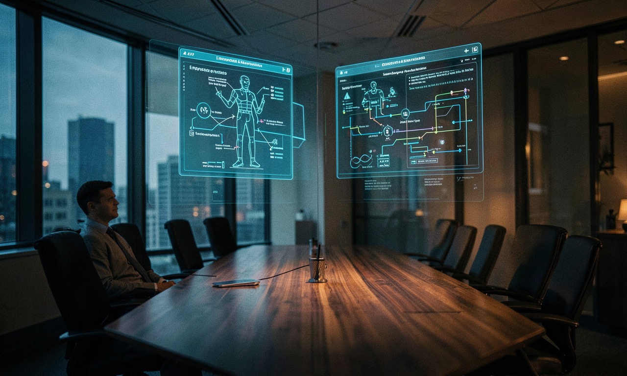 Corporate boardroom with AI agent dashboards and enterprise workflow automation displays