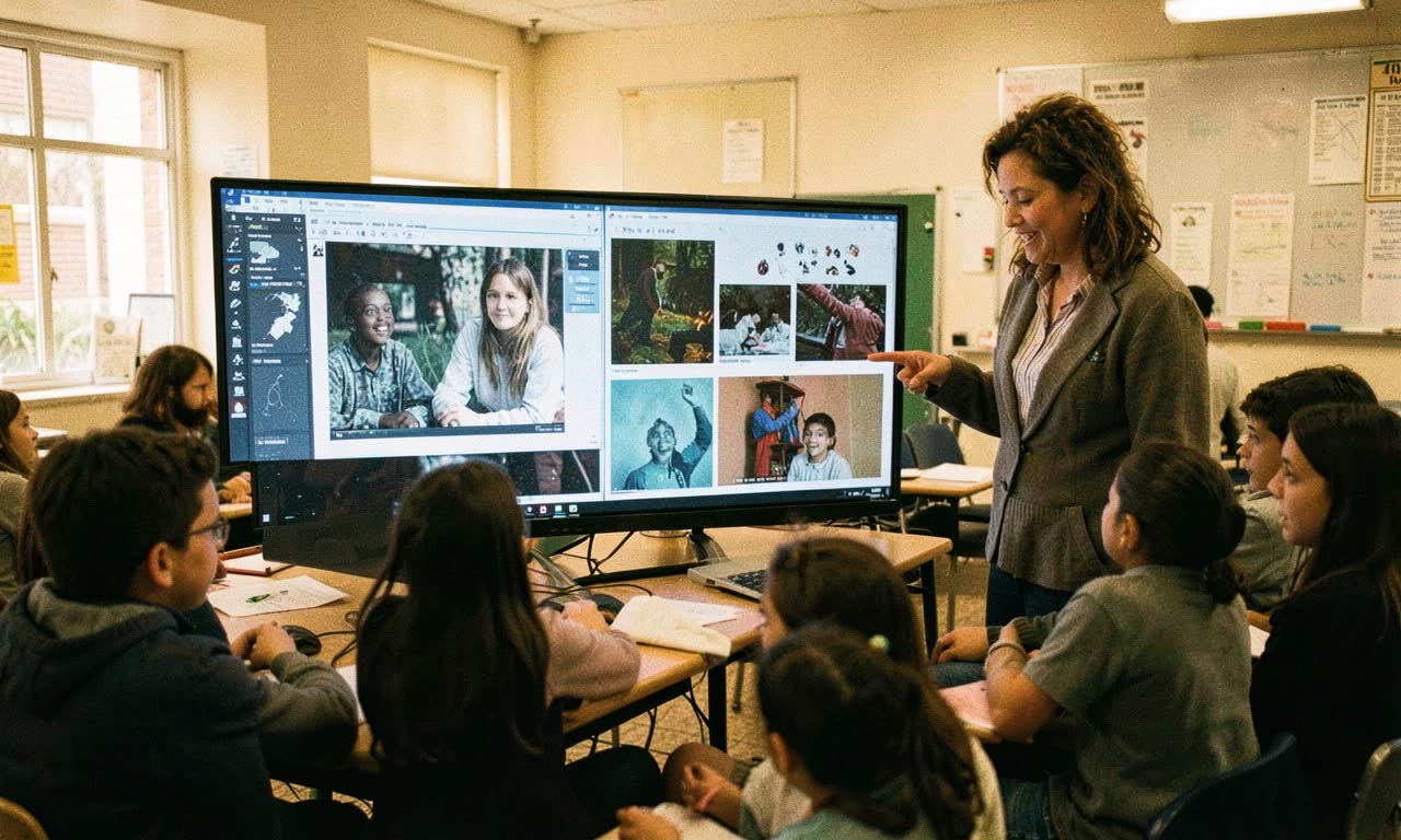 Students in a classroom examining screens showing AI-generated and real images side by side, teacher pointing out differences