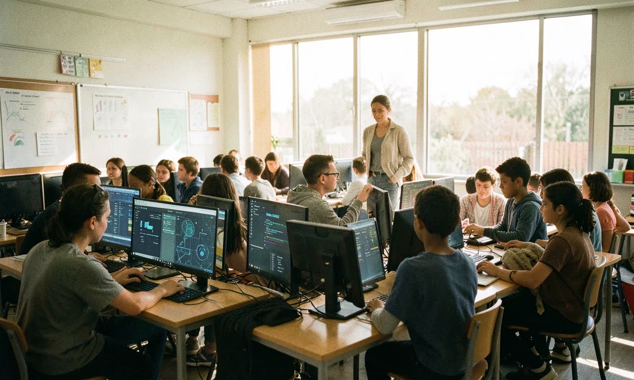 Modern classroom with students learning at computers alongside teacher, natural lighting, photojournalistic style