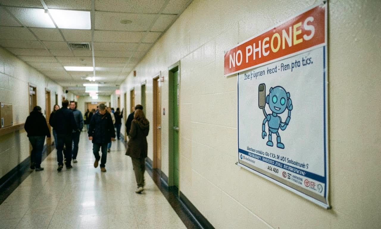 School hallway with phone ban sign on wall and AI poster next to it, fluorescent lighting, documentary style