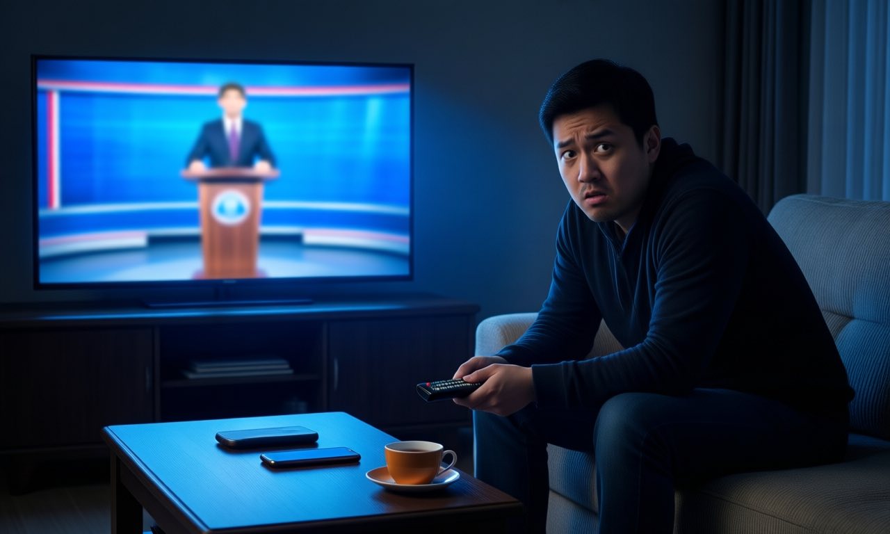 A living room at night lit only by a television playing a political broadcast, a person on the couch leaning forward with doubt on their face, remote in hand, its glow mixing with the screen's blue light.