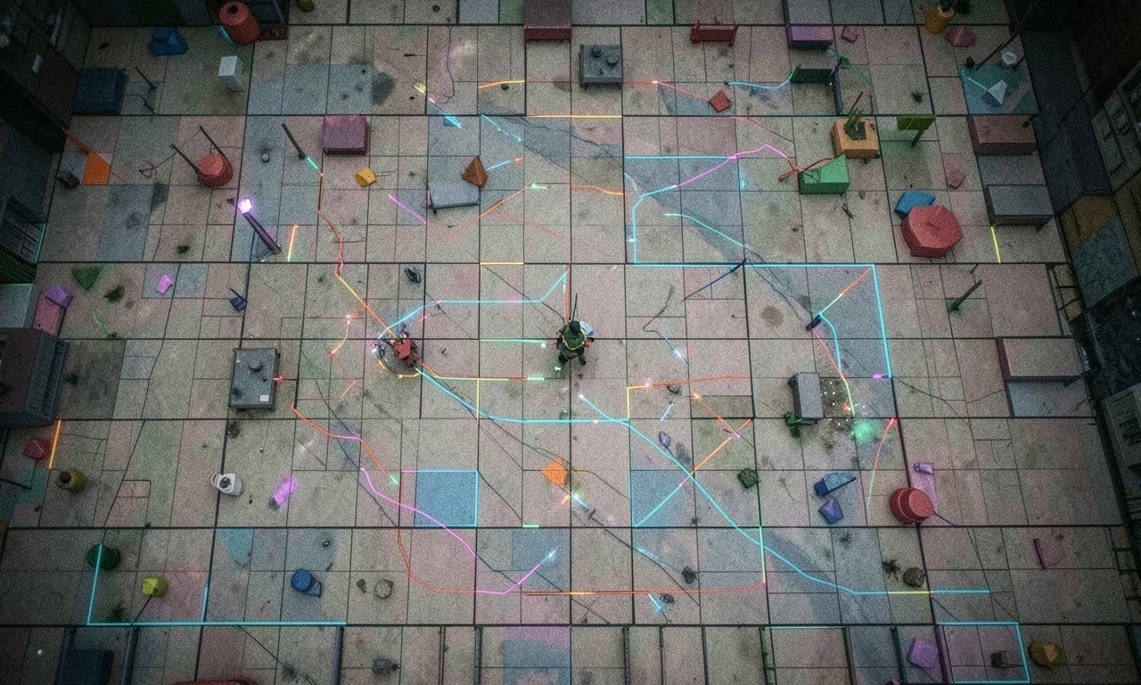 A digital grid puzzle environment with an adaptive agent navigating through dynamic obstacles, representing the ARC-AGI-3 benchmark