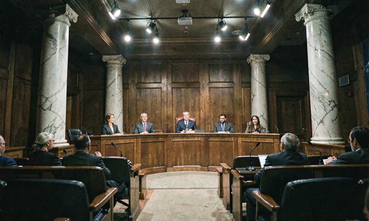 A congressional hearing room with wooden desks and microphones, warm overhead lighting, empty chairs waiting, photojournalistic style