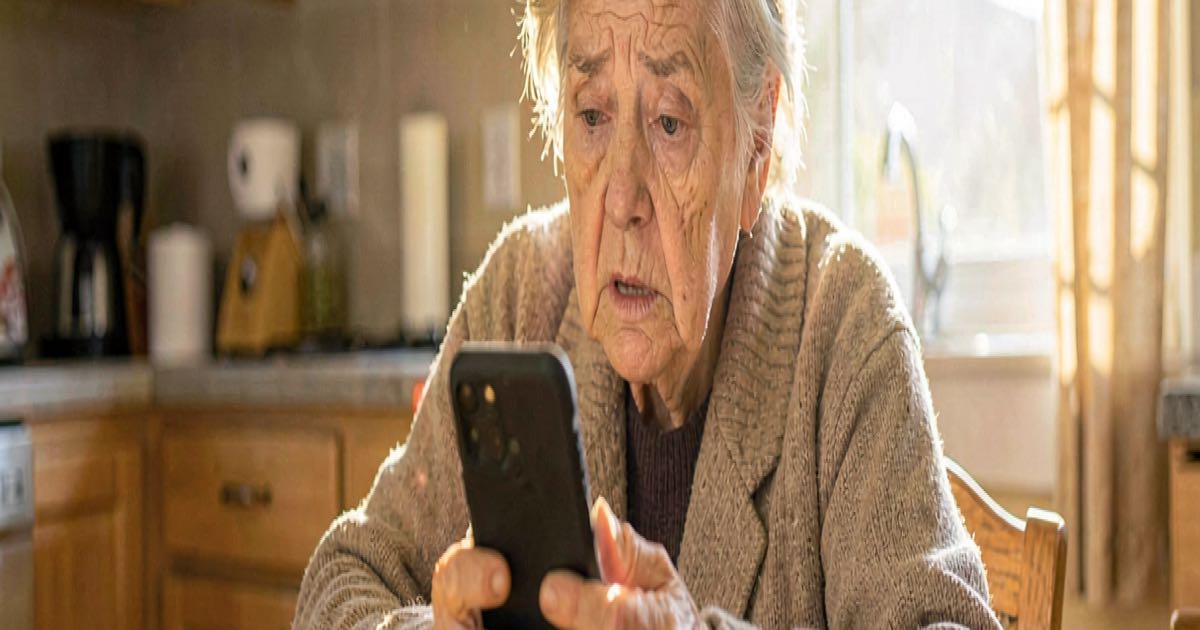 An older person looking at a phone screen with a worried expression, bright warm home lighting, no text no logos no letters no signs