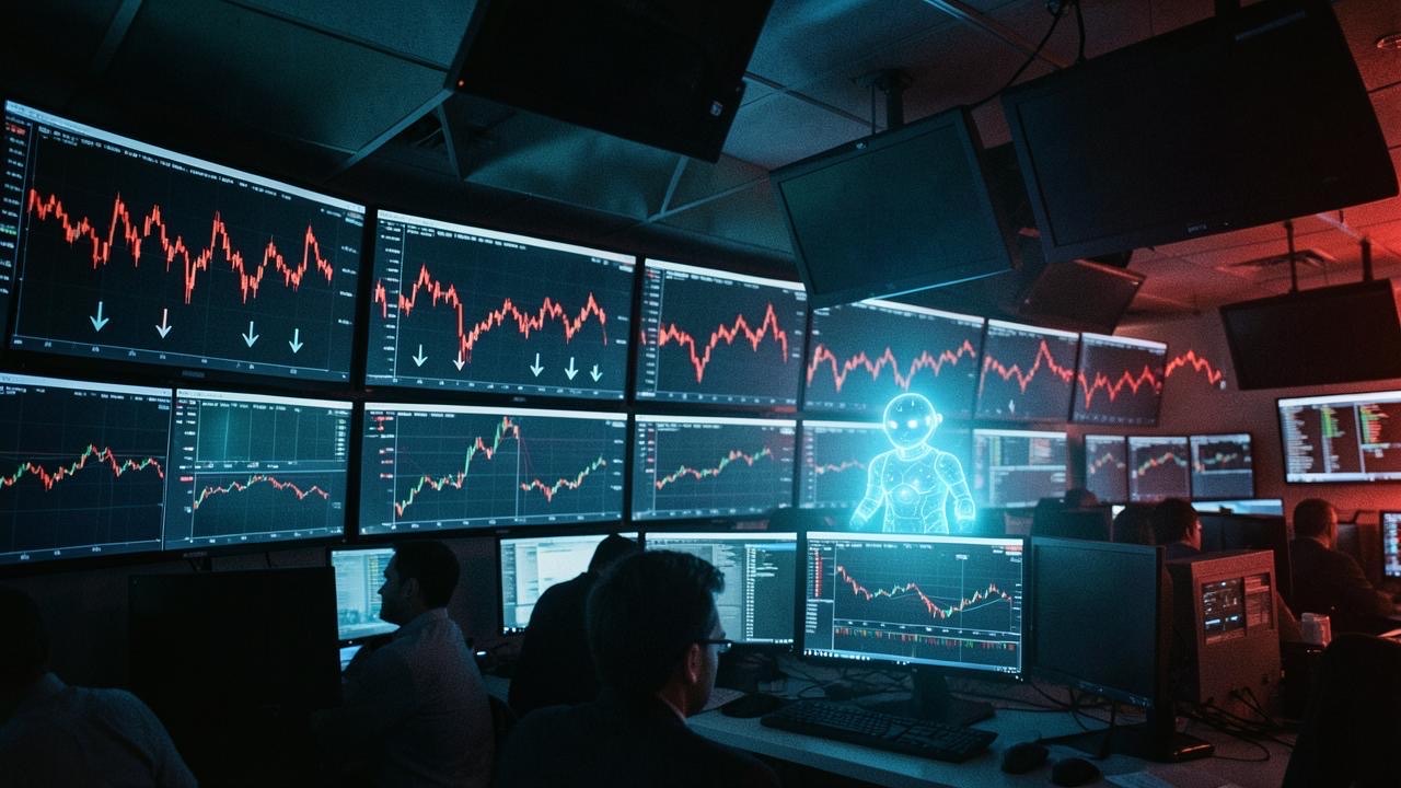 A Wall Street trading floor with screens showing red stock charts and a digital AI agent icon overlaid, dramatic lighting, photojournalistic